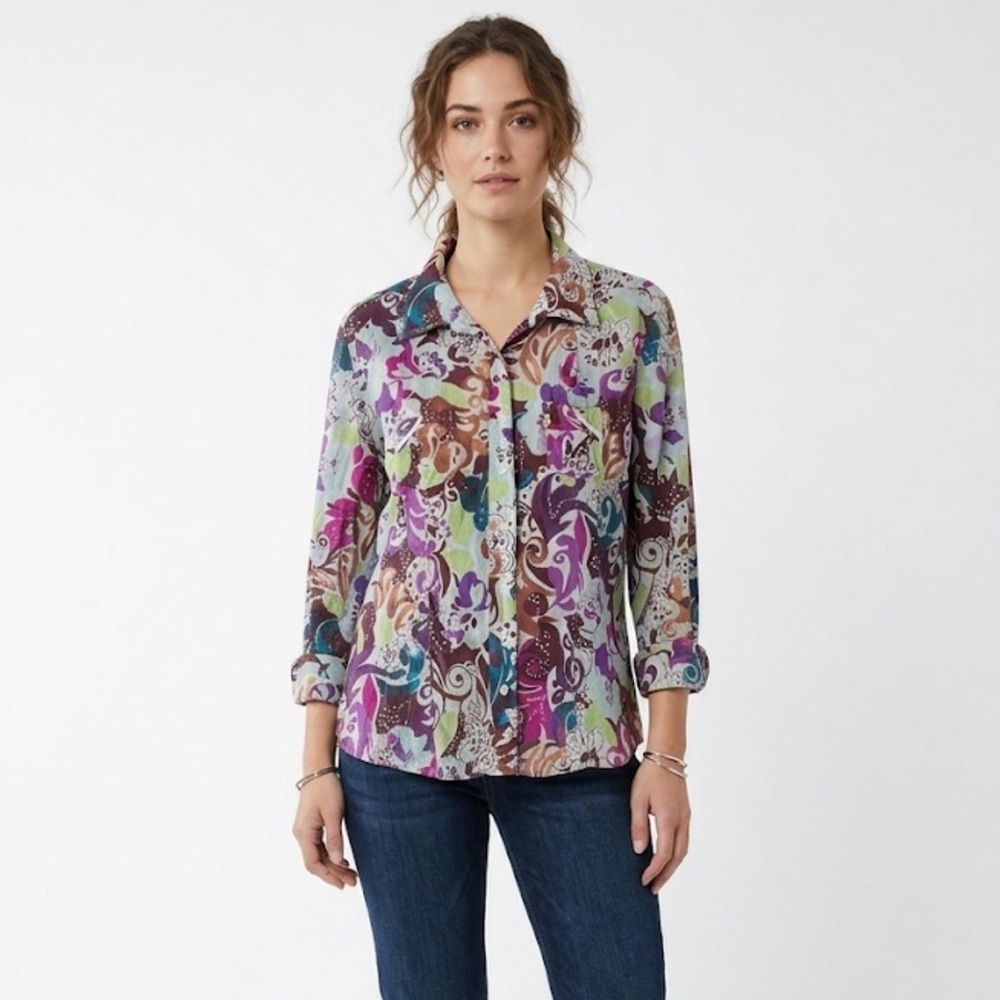 I.E. Relaxed Colorful Patchwork Style Floral Blouse L - 100% Cotton